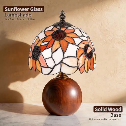12.2" Retro Sunflower Tiffany Small Table Lamp with Wood Base - Image 2
