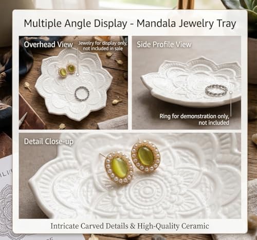 PUDDING CABIN White Mandala Jewelry Dish | 4.3-Inch Boho Home Decor | Ceramic Ring Dish Trinket Tray for Rings & Earrings | Wedding & Bridal Shower Mother Day Birthday Gift for Women - Image 4