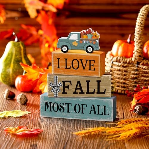 Moucuny 4 Pcs Fall Truck Table Decor, I Love Fall Wood Block Sign Home Tray - Image 2