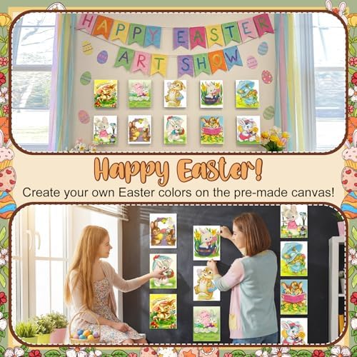 Blosssound 10 Set Easter Vintage Pre Printed Canvas Bunny Eggs Pre Drawn Canvas Painting with Easel Kits 5" x 7" Outline Painting Panels for Beginners, DIY Craft Project, Party Favor, Home Decors - Image 5