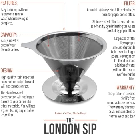 The London Sip Stainless Steel Coffee Dripper Pour Over Coffee Maker, Coffee Slow Brewing Accessories for Home, 1-4 Cup - Image 5