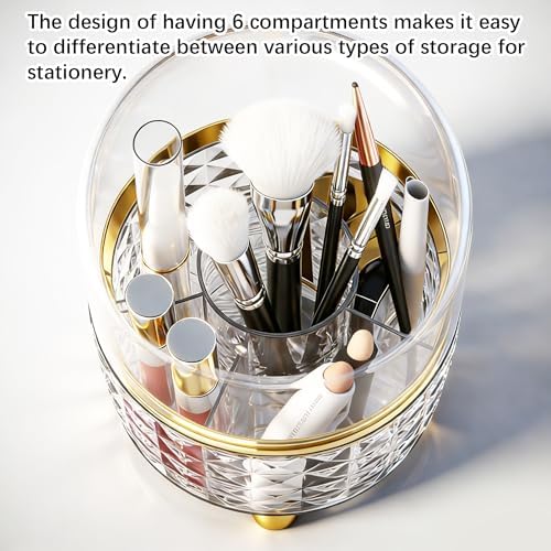 GOTOBA 360° Rotating Pencil Holder for Desk, Makeup Brush Holder with 6 Slots, Desk Organizer for Writing Utensil, Office and School Supplies (Clear with cover) - Image 5