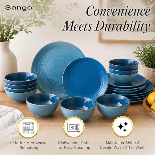 Sango Siterra Artist's Blend 16-Piece Stoneware Dinnerware Set – Service for 4, Ocean Blue Glossy Glaze with Unique Speckled Design, for Everyday Dining & Entertainment, Microwave & Dishwasher Safe - Image 4