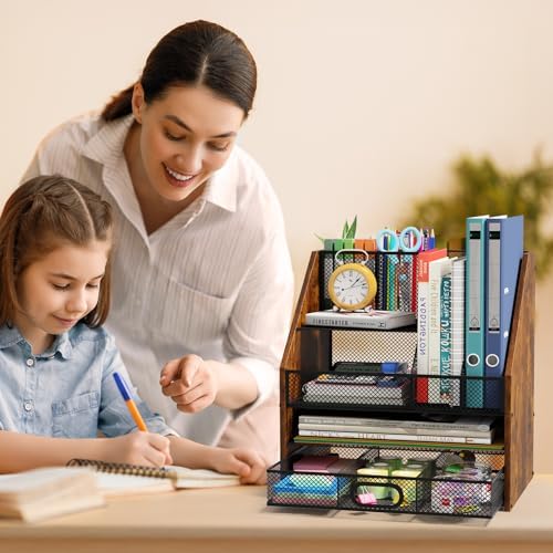 Homsorout Wooden Desk Organizer - Mesh File Organizer with Drawers and Pen Holder - 4-Tier Vertical Paper Letter Storage Tray, Desktop Organizers and Accessories for Home Office - Image 6