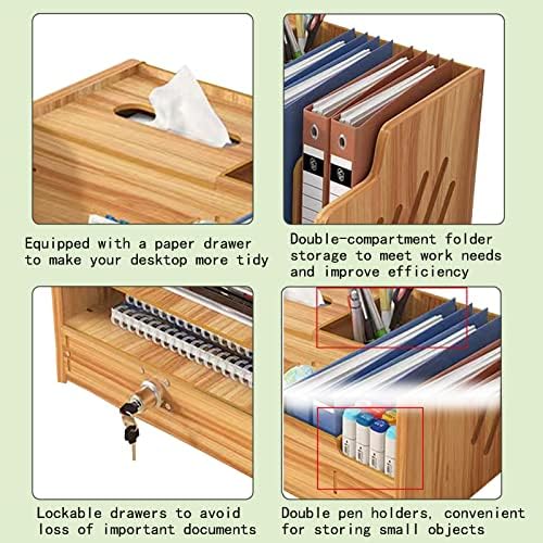 Bamboo Desk Organizer, Desktop Wood Bookshelf File Organizer, Pen Holder and Tissue Holder, 1 Drawer with lock for Office, Home, Need to Install(Cherry Wood) - Image 3