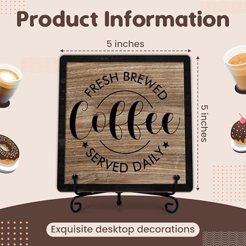 Coffee Bar Sign, Fresh Brewed Coffee Served Daily Sign, 5x5 Wood Plaque with Iron Stand, Kitchen Cafe Tabletop Decor – A05 - Image 2