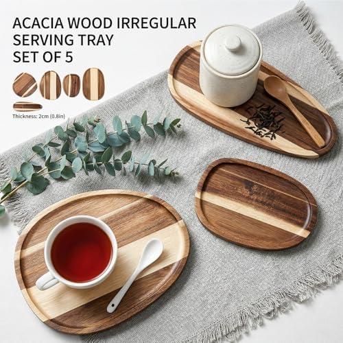 Okllen Set of 5 Small Acacia Wood Serving Platter and Trays, Irregular Oval Solid Wood Plates Serving Tray, Lightweight Wood Dinner Plates for Breakfast, Coffee, Tea, Snack, 6.3~11.7" L, 5.1~8.2" W - Image 6
