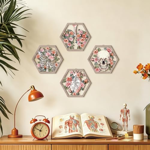 HPNIUB Medical Human Anatomy Wall Decor, Farmhouse Medical Anatomical Hanging Wooden Wall Art, 4 Pieces Pink Floral Heart Skull Anatomy Wood Sign for Nursing Doctor Room Living Room(11''x9.8'') - Image 3