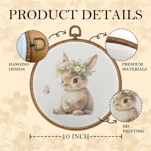 OFJE Cute Easter Bunny Wall Art Decor, Floral Crown Bunny Nursery Round Wall Hanging Decor, Rustic Farmhouse Butterfly Rabbit Framed Canvas Prints for Nursery Home Room Bedroom Decorations, 10x10 Inch - Image 6