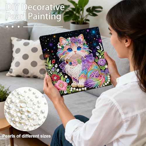 ARTopet DIY Pearl Painting Kit with Frame Gemstone Pearl Diamond Dots Beads Canvas Art Craft for Adult Beginners Display for Tabletop and Wall Mounting Home Decor-Colorful Kitten - Image 3