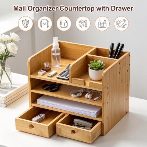 Bamboo Desk Organizer with Drawers, Makeup Storage for Home Office - Image 4