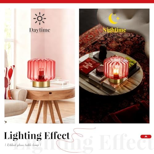Red Glass Table Light Touch Table lamp Mid Century Modern Table lamp Gold Desk lamp nightstand lamp Vintage Table Lamps Small Table Lamp for Bedside end Table Bedroom Living Room Office - Image 2