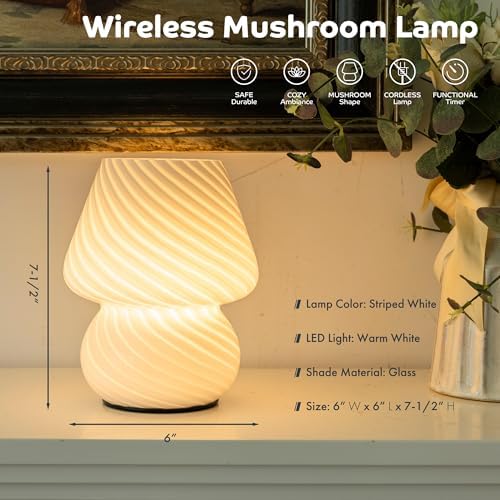ULAROOM Battery Operated Mushroom Lamp - Vintage Small Table Lamp with Timer, Cordless Bedside Nightstand Lamp, Glass Battery Powered Lamp for Bedroom Kitchen Living Room Shelf Decor Aesthetic White - Image 2