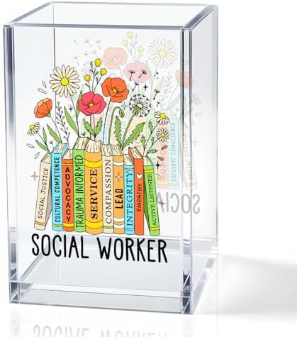 Social Worker Acrylic Cosmetic Pencil Holder Cup, Floral Books Pen Holder for Office Desk Accessories for Social Worker, Social Work Appreciation Gifts, Marker Holder, Funny MSW Thank You Gifts by QYUVK