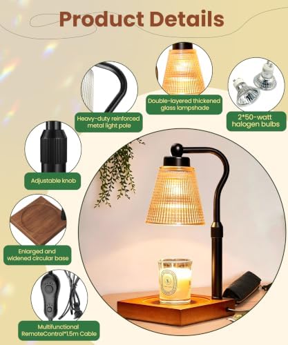 Height Adjustable Candle Warmer Lamp with Timer, 3 Dimmable Wax Melt Warmer, Birthday Gifts for Women Mom, House Warming Gifts New Home Decor, Candle Warmer for Jar Candles with 2 Bulbs, Black-Amber - Image 6