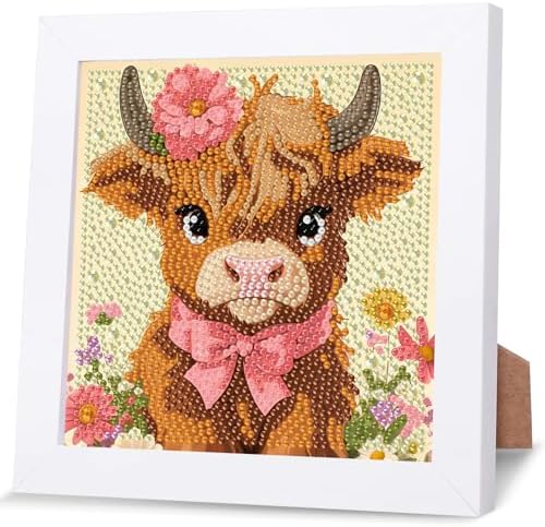 GHHKUD Highland Cow Diamond Art Painting Kits for Adults with Frame, Diamond Art Animals Crafts for Ages 4-6-8-12, Easy to DIY Gem Painting Gifts Home Wall Deco 15x15cm (Beautiful Packages) by GHHKUD