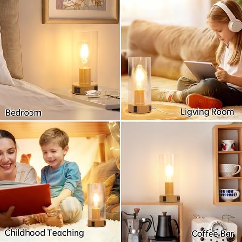 Touch Control Bedside Lamp with Charging Station，Wood Metal Small Lamp - Image 2