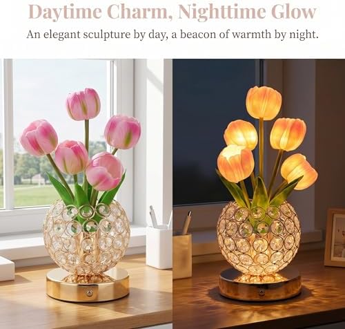 Tulip Night Light with Dazzling Crystal-Like Base, 3-Color Touch Control Flower Lamp, Stepless Dimming Rechargeable Floral Table Lamp, Aesthetic Romantic Gifts for Women Mom Wife (Pink) - Image 5