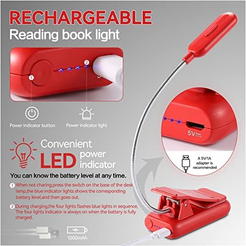 VAVOFO Rechargeable Book Light for Reading in Bed Kids, 7 LED Reading Light with 9-Level Warm Cool White Daylight, Eye Care Lamp with Power Indicator for Bookworms (Red) - Image 6