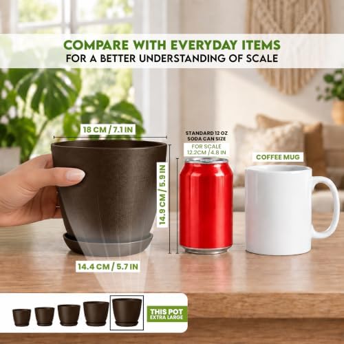 Plant Pots Indoor with Drainage, 5 Pack Multi-Size Planters Set, Brown - Image 4