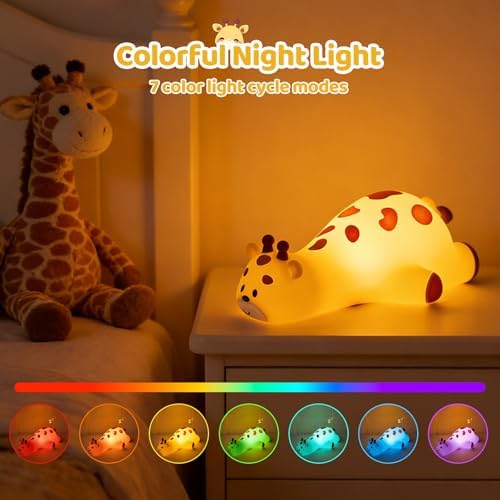Kawaii Giraffe Lamp Silicone Night Light, Tap Control Squishy Baby Lights for Nursery, 3 Levels Dimmable Rechargeable LED Bedside Lamp with Timer, Giraffe Gifts for Toddler, Bedroom, Toy - Image 3