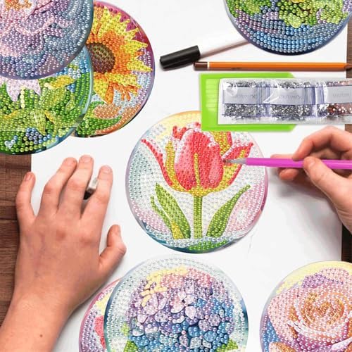 TCDZMYGS 8 Pcs Flower Diamond Art Painting Coasters Kits, Flowers Coaster with Holder for Adults, Non-Slip DIY Dot Paint Craft Kits, 5D Full Drill DIY Diamond Dot Gem Art Kit Home Decor Arts Craft - Image 5