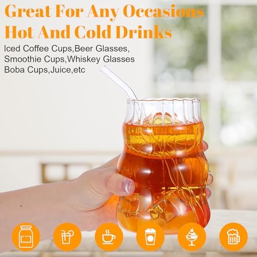 MAQUITA 4 Pcs Ribbed Glass Cups with Glass Straw, Cute Aesthetic Vintage Drinking Glasses, Wave Shape Design Bubble Cups for Iced Coffee Juice Cocktails Tea Milk - Image 3