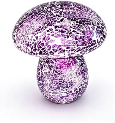 Mosaic Mushroom Table Lamp, Handmade LED Night Light, Battery‑Operated Cordless Desk Decor, Purple by Unknown