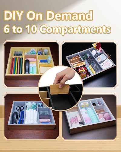 Office Drawer Organizer, Bamboo Desk Drawer Organizer with 4 Removable Dividers, Desk Organizers and Accessories with 10 Adjustable Compartments for Office Home (Gray) - Image 2