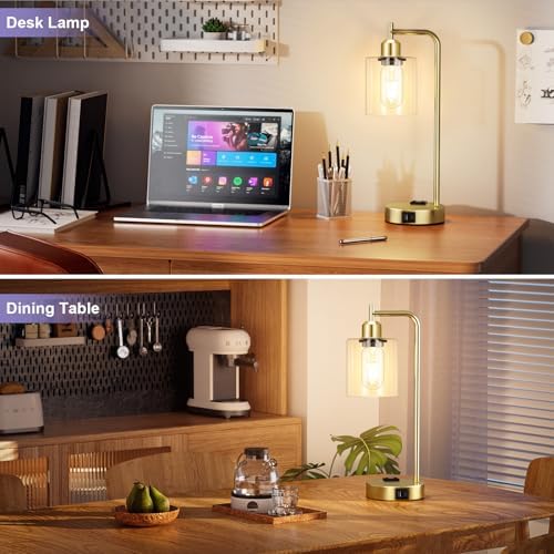 Innqoo Industrial Gold Table Lamp for Bedrooms Set of 2-3-Way Dimmable Desk Lamp with USB C+A Ports and Outlet, Gold Lamps with Clear Glass Shade for Living Room, Desk Lamps for Home Office - Image 5