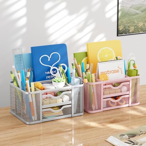 Marbrasse Mesh Desk Organizer, Pen Organizer with 2 Drawer, Multi-Functional Pencil Holder, Desk Organizers and Accessories with 5 Compartments + Drawer for Office Art Supplies (Silver) - Image 3