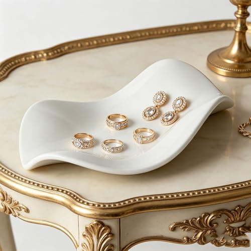 Yosoo Health Gear Ceramic Jewelry Tray Ring Dish Key Holder 6.69x6.69x1.18in Minimalist Vanity Decor with Polished Finish for Home Bathroom Bedroom (White) - Image 2