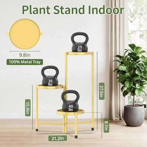 LASZOLA Plant Stand Indoor with 10 Inch Large Metal Tray, 3 Tier Gold - Image 2
