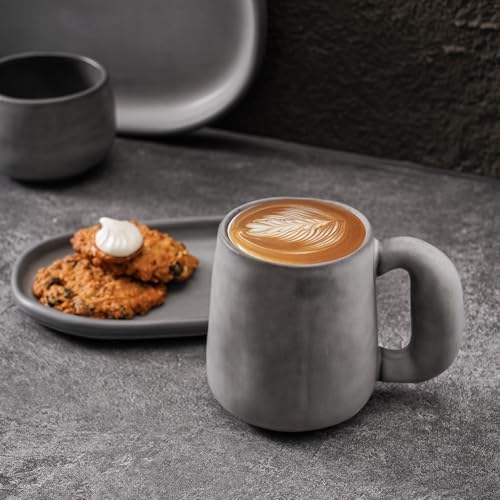 Uaral Ceramic Large Coffee Mugs,Pottery Coffee Mug Set with jumbo handle,Handmade mugs for Coffee,Latte,Milk,Cocoa or Tea,20oz,Set of 2(Dark Gray) - Image 4
