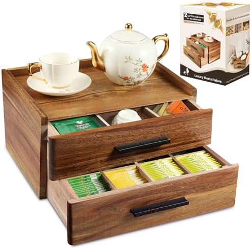 Acacia Wood Tea Bag Organizer with Gift Box, Double-Drawer Tea Box - Tea Accessories for Tea Organizer and Storage Box, Tea Station Chest Caddy for Countertop Cabinet Office(21-Compartment) by NewEle