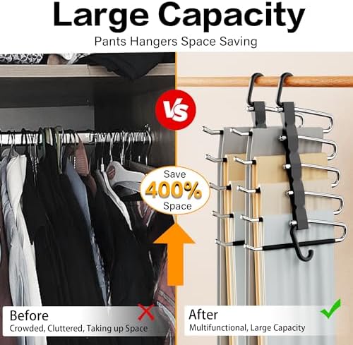 Pants Hangers Space Saving - 4 PCS Closet Organizer and Storage Jean Hangers, Stainless Steel Anti-Slip Clothes Hanger Scarf Holder Pants for Jeans Leggings Trousers Rack for Back to School, Black - Image 2