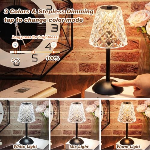 Liliful 2 Pcs Cordless Table Lamp LED Touch, Black, Diamond Style - Image 4