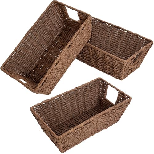 Paper Rope Storage Baskets for Shelves Organizing, Small Hand Woven Wicker Organizer Basket with Handle for Bathroom Toilet Paper Storage, Brown, 3-Pack by homyfort