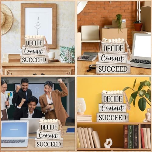 Moucuny 4 Pcs Rustic Wooden Office Shelf Decor Block Signs Farmhouse - Image 5