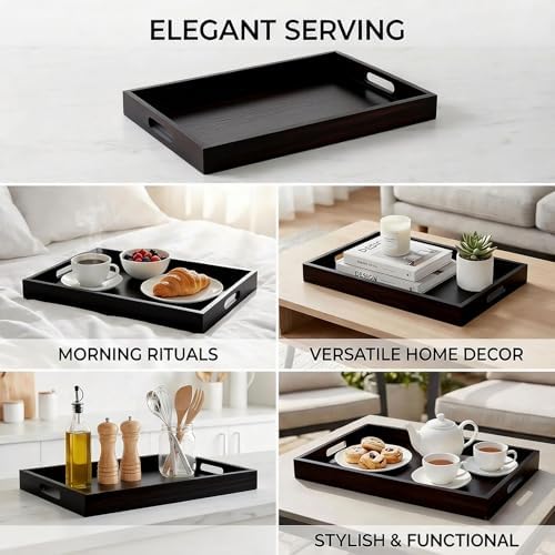Krismax Wooden Serving Tray with Handles, Serving Platter 15.7x11.4 Inch Food Drinks Tray for Coffee Table,Decorative Storage Tray for Entertaining, Breakfast Tray in Bed,Lunch,Dinner,BBQ(Black) - Image 3