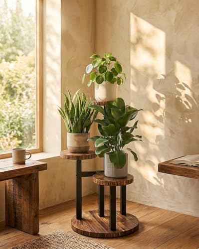 Bamworld Corner Plant Stand Indoor Metal Wood Plant Shelf 3 Tier Brown by Bamworld