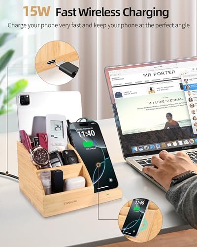 Bamboo Pen Holder with Wireless Charger, Desk Organizer 5 Compartments - Image 2