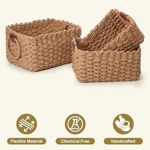 Small Wicker Basket Set of 3, Handwoven Paper Rope Storage Baskets with Leather Handles, Decorative Organizing Bins for Home, Desk, Bathroom & Gifts (Beige) - Image 3
