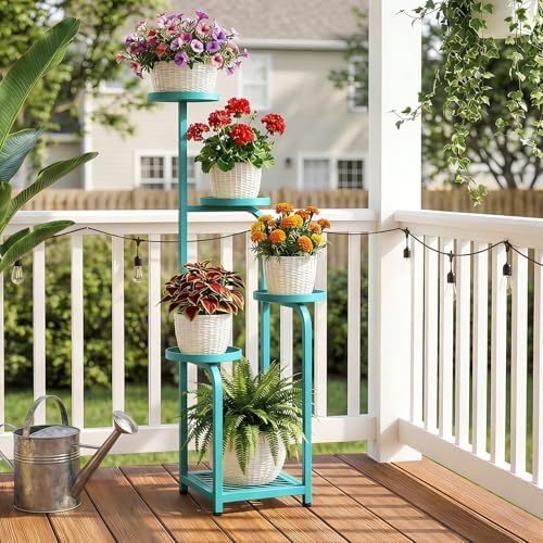 TOSKING Tall 5-Tier Square Meta Plant Stand Indoor Outdoor, Anti-Tip, Blue - Image 6