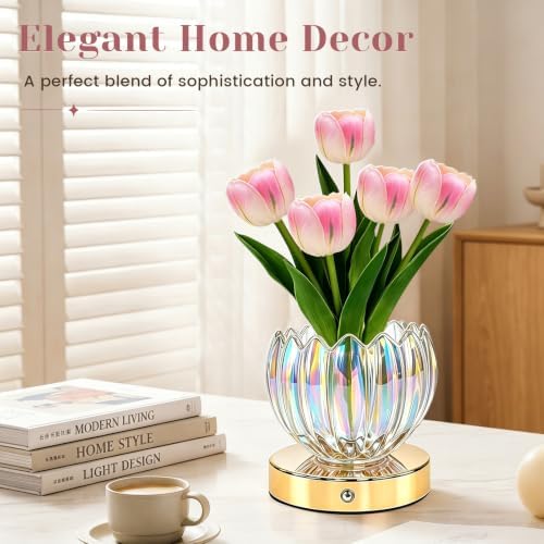 Flower Table Lamp, 3 Color Tulip Night Light, Rechargeable Cordless Touch Dimming Artificial Flower Light, LED Flower with Glass Vase Lamp for Girls Women Mom (Pink Tulip) - Image 4