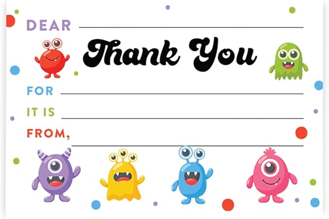 Andaz Press Kids Fill in the Blank Thank You Cards - 20 Cards Including Envelopes Silly Creatures Fun Gender Neutral Note Cards For Boys Girls Birthday Thank You Notes for Friends Family Party Guests