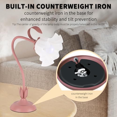 Cute Flower Desk Lamp, 3 Color Temperature Table Lamps with LED Bulb, Vintage Bedside Lamp, Reading Lamps with Soft Light for Bedroom, Living Room（Pink） - Image 6