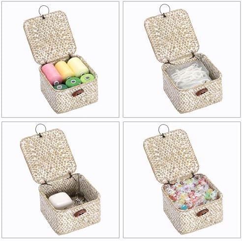 Hipiwe Small Seagrass Basket with Lid Handwoven Decorative Shelf Basket Mini Wicker Storage Box Multipurpose Desktop Organizer for Key Hair Ties, Whitewash 4.7" x 4.7" x 3" - Image 7