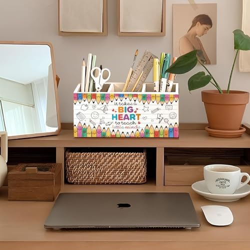 Teacher Pen Pencil Holder for Desk, Teacher Appreciation Gifts, It Takes a Big Heart to Help Shape Little Minds Wooden Box Sign Decorations for Office Classroom Desk Tabletop - Image 3
