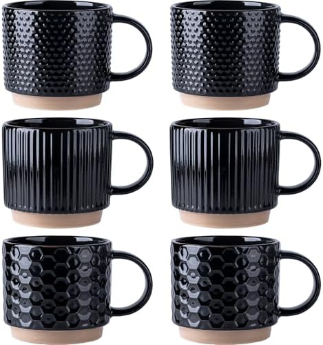 GBhome 12 OZ Stackable Coffee Mugs Set of 6, Ceramic Black Coffee Cups Set by GBhome
